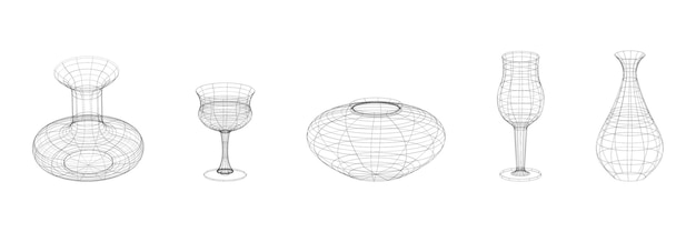 Conjunto de figuras tridimensionales de wireframe en el moderno estilo psicodélico Y2k