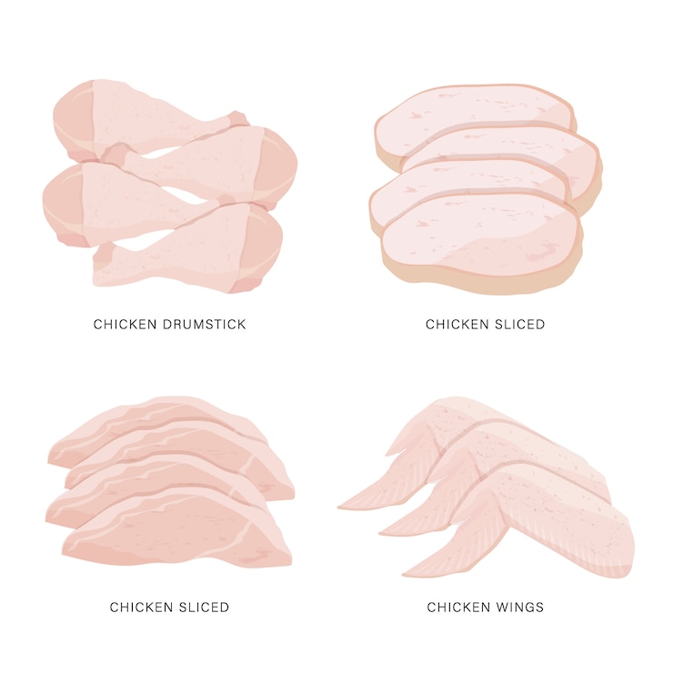 Vector conjunto de filete de pollo crudo y filetes de carne aislado en un fondo blanco. ilustración de dibujos animados