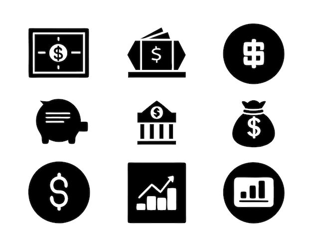 conjunto de finanzas icono ilustración gestión de crédito marketing esquema préstamo transacción en dólares