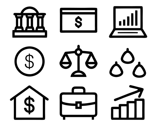 conjunto de finanzas icono ilustración gestión de crédito marketing esquema préstamo transacción en dólares