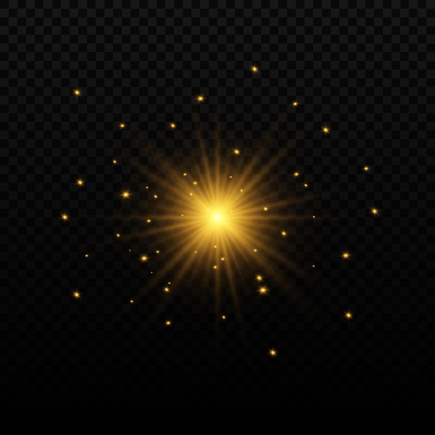 Conjunto de flashes, luces y destellos. Brillantes destellos dorados y resplandores. Resumen luces doradas aisladas Brillantes rayos de luz. Líneas brillantes