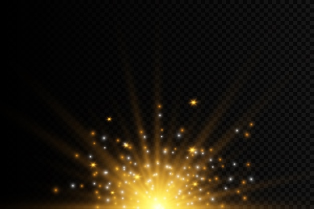 Conjunto de flashes, luces y destellos. Brillantes destellos dorados y resplandores. Resumen luces doradas aisladas Brillantes rayos de luz. Líneas brillantes