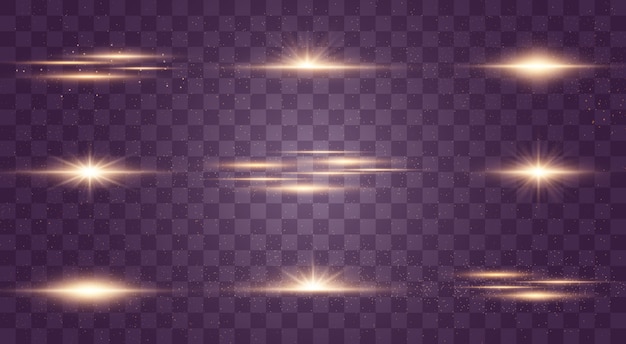 Conjunto de flashes, luces y destellos sobre un fondo transparente. Luces doradas abstractas aisladas.