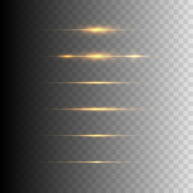 Conjunto de flashes, luces, destellos sobre fondo transparente. Resplandores de oro brillante.