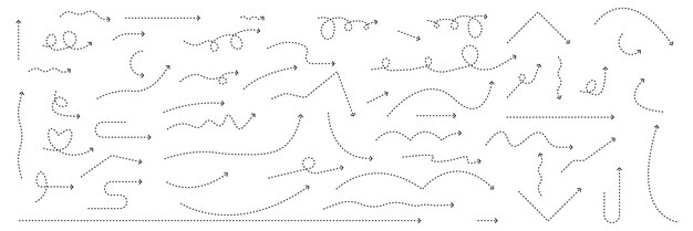 Conjunto de flecha discontinua. estilo garabato dibujado a mano. ilustración vectorial