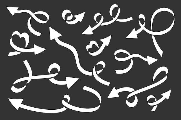 Conjunto de flecha de garabato dibujada a mano negra blanca aislada en fondo negro Icono de flecha vectorial Líneas curvas creativas punteros elementos decorativos Signos simples para aplicaciones web de infografía empresarial