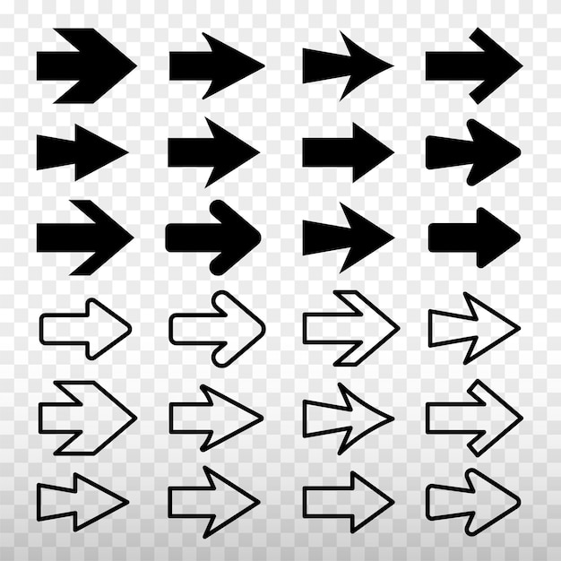 Conjunto de flechas blancas y negras en varios estilos Flechas que apuntan en diferentes direcciones Diseños de flechas en negrita y con contornos Conjunto vectorial de elementos