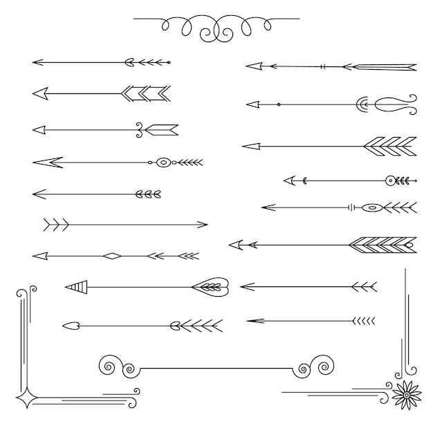 Conjunto de flechas clásicas de época Colección de vectores planos de dibujos animados aislados sobre fondo blanco