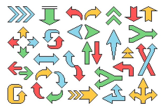 Conjunto de flechas de colores en la ilustración vectorial de estilo píxel