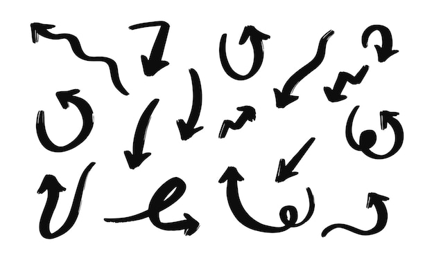Conjunto de flechas curvas vectoriales dibujadas a mano Estilo doodle de boceto Colección de punteros