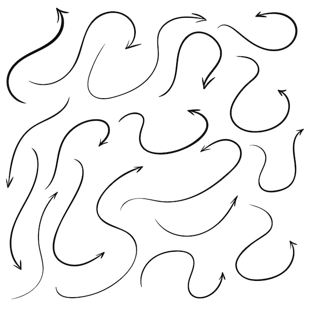 Conjunto de flechas curvas vectoriales dibujadas a mano Estilo doodle de boceto Colección de punteros