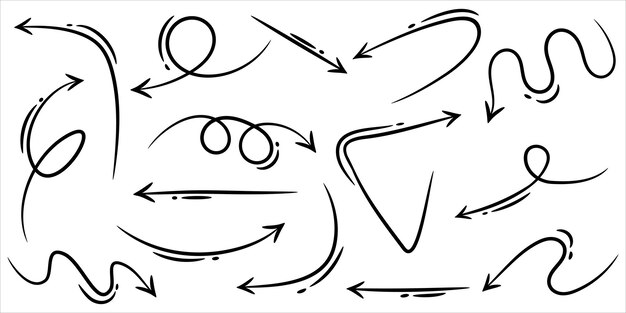 Conjunto de flechas dibujadas a mano aisladas sobre fondo blanco. para el diseño de infografía, banner, web y concepto empresarial.Elementos de diseño de doodle de vector.