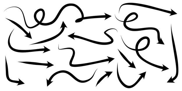 Conjunto de flechas dibujadas a mano aisladas sobre fondo blanco. para el diseño de infografía, banner, web y concepto empresarial.Elementos de diseño de doodle de vector.