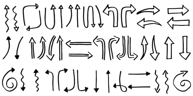 Conjunto de flechas dibujadas a mano aisladas sobre fondo blanco. para el diseño de infografía, banner, web y concepto empresarial.Elementos de diseño de doodle de vector.