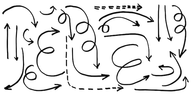 Conjunto de flechas dibujadas a mano aisladas sobre fondo blanco. para el diseño de infografía, banner, web y concepto empresarial.Elementos de diseño de doodle de vector.