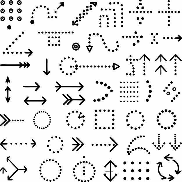 Un conjunto de flechas dibujadas a mano en blanco y negro en círculos y cuadrados con líneas punteadas