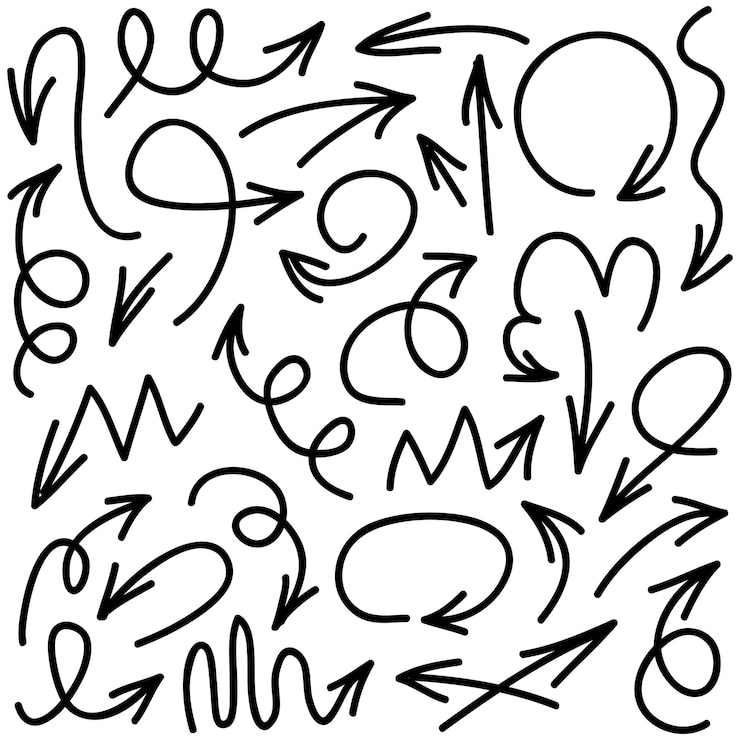 Vector conjunto de flechas dibujadas a mano elementos de diseño de garabatos vectoriales ilustración sobre fondo blanco para banner infográfico empresarial diseño web y concepto