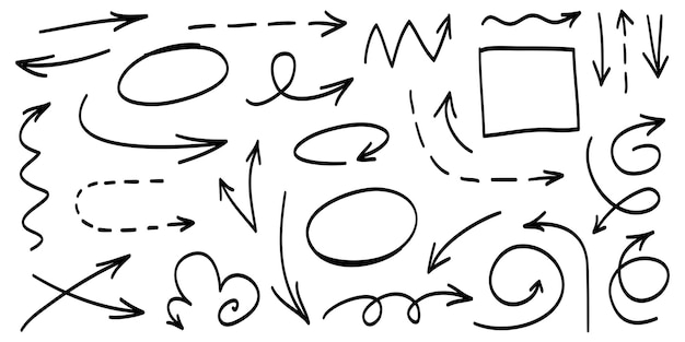 conjunto de flechas dibujadas a mano Elementos de diseño de garabatos vectoriales Ilustración sobre fondo blanco para banner infográfico empresarial diseño web y concepto