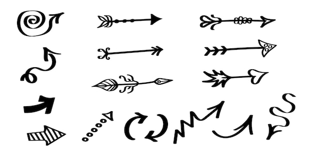 Conjunto de flechas dibujadas a mano espirales de Doodle zigzags curvas y formas geométricas elementos de pincel vectorial
