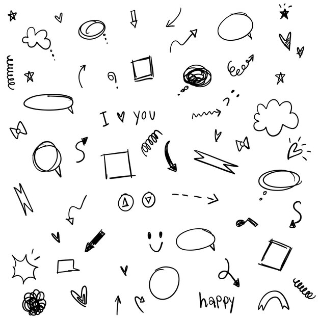 Conjunto de flechas dibujadas a mano Formas abstractas Colección de dibujos de dirección negra Símbolos de boceto Ilustración vectorial Elementos de diseño gráfico Vector