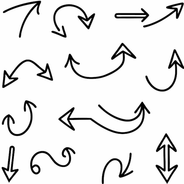 Un conjunto de flechas dibujadas a mano que apuntan en diferentes direcciones, incluidas las flechas hacia arriba, hacia abajo, hacia la izquierda, hacia la derecha y las curvas.