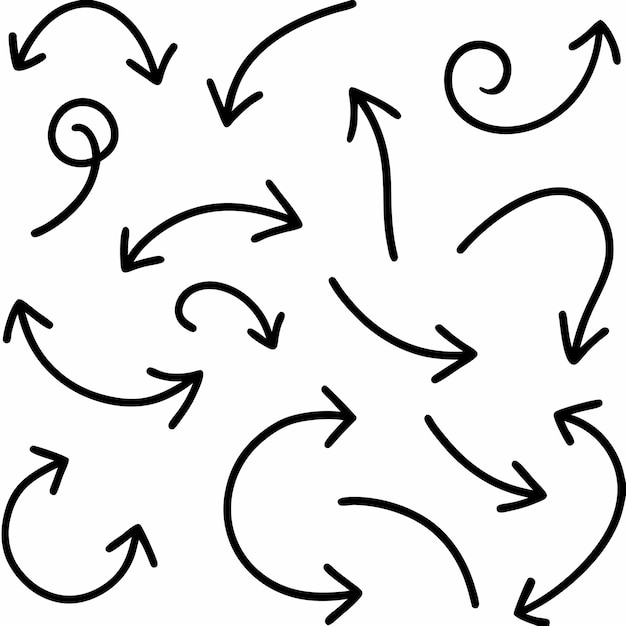 Un conjunto de flechas dibujadas a mano que apuntan en diferentes direcciones, incluidas flechas curvas y rectas con líneas en negrita