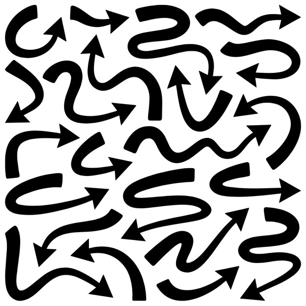 Conjunto de flechas dibujadas a mano signo negro o elemento de símbolo diseño de garabateo boceto en blanco y negro
