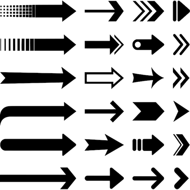 Conjunto de flechas dibujadas a mano signo negro o elemento de símbolo diseño de garabateo boceto en blanco y negro