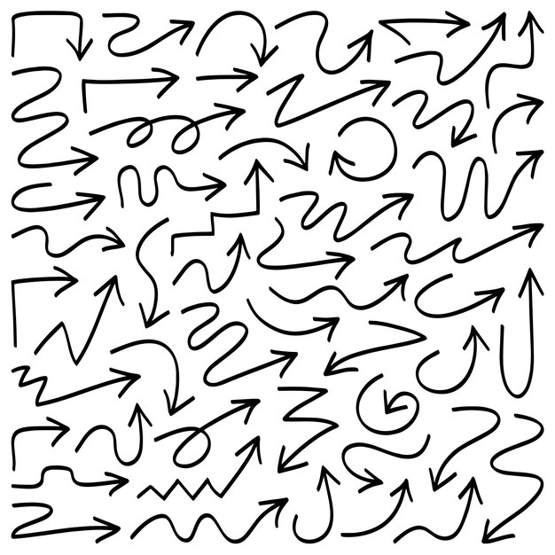 Conjunto de flechas dibujadas a mano signo negro o elemento de símbolo diseño de garabateo boceto en blanco y negro