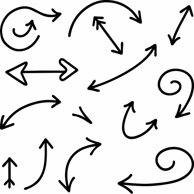 Conjunto de flechas dibujadas a mano de varias formas y direcciones