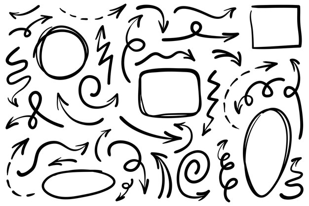 Conjunto de flechas dibujadas a mano Vector doodle elementos de diseño Ilustración en fondo blanco para negocios infografía banner web y diseño conceptual