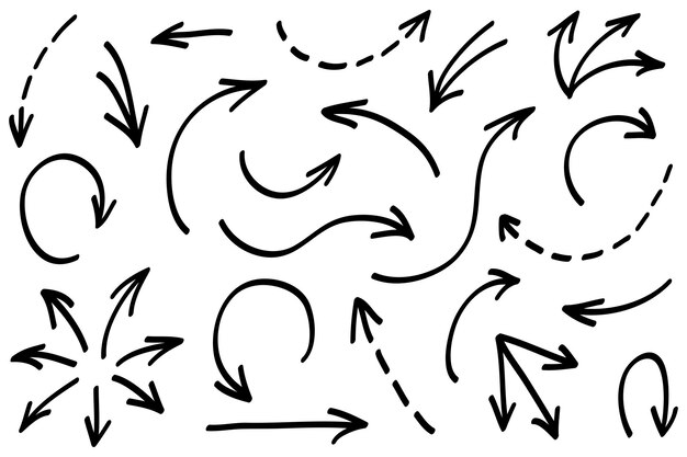 Conjunto de flechas dibujadas a mano Vector doodle elementos de diseño Ilustración en fondo blanco para negocios infografía banner web y diseño conceptual