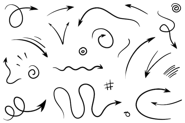 Conjunto de flechas dibujadas a mano Vector doodle elementos de diseño Ilustración en fondo blanco para negocios infografía banner web y diseño conceptual