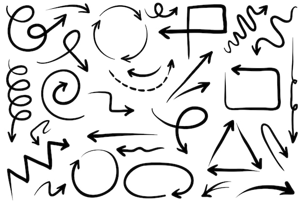 Conjunto de flechas dibujadas a mano Vector doodle elementos de diseño Ilustración en fondo blanco para negocios infografía banner web y diseño conceptual