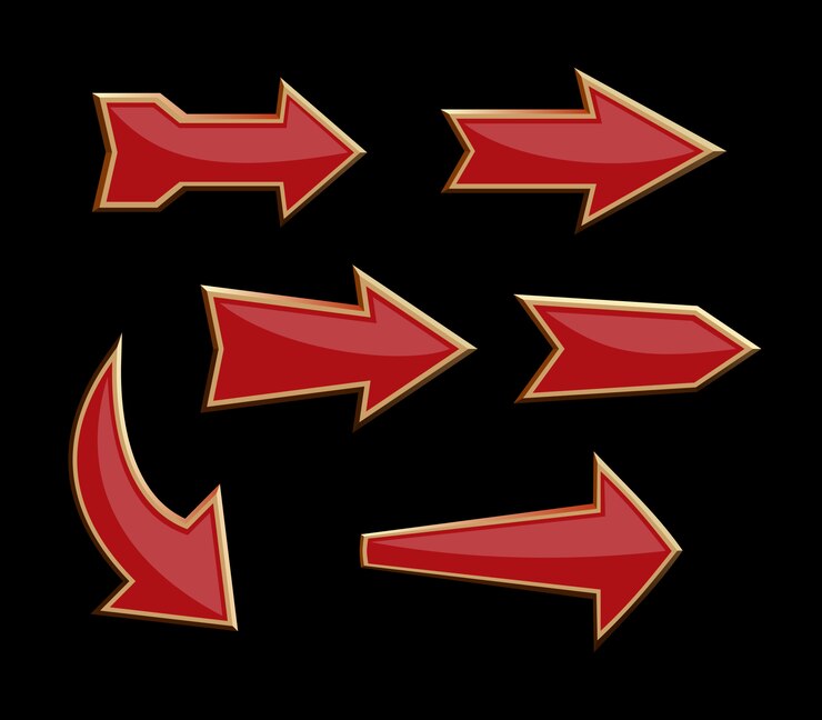 Vector conjunto de flechas direccionales volumétricas rojas sobre un fondo negro. conjunto de punteros de flecha. ilustración
