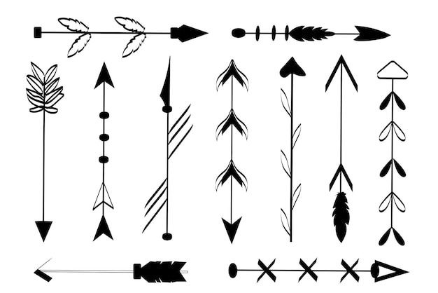 Conjunto de flechas en el diseño plano de dibujos animados Unas llamativas flechas negras con diferentes formas