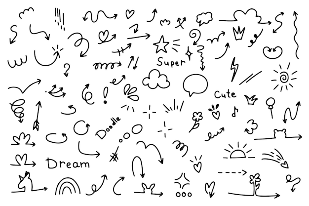 El conjunto de flechas de Doodle es un corazón lindo, la flecha de la estrella brilla, el conjunto de símbolos de decoración, el icono, la línea de boceto simple, el fondo blanco.