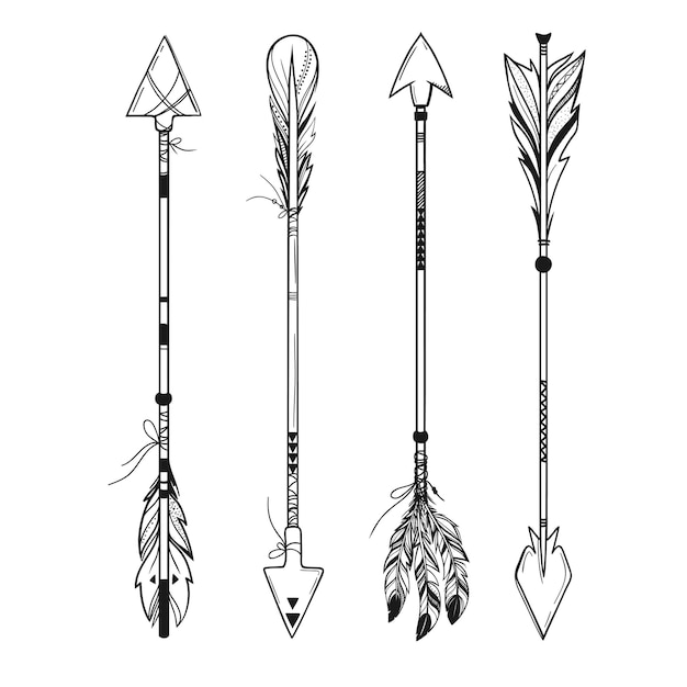 Conjunto de flechas de estilo boho con plumas y adornos aislados en ilustración vectorial blanca