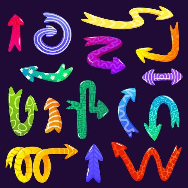 Conjunto de flechas extravagantes aisladas en el puntero de forma de espiral cómico retro de fondo para la flecha de diseño de la interfaz de usuario de la aplicación