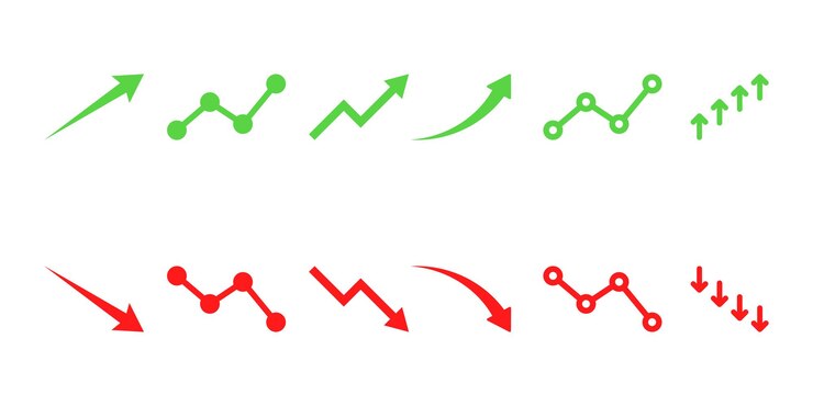 Vector conjunto de flechas financieras hacia arriba y hacia abajo flechas verdes y rojas aumentar y disminuir