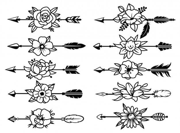 Conjunto de flechas indias con flores. colección de varias flechas tribales étnicas con un ramo de flores.