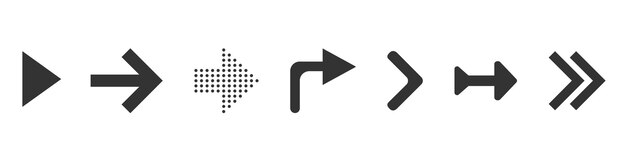 Conjunto de flechas modernas negras aisladas sobre fondo blanco. Interfaz de usuario y diseño web.