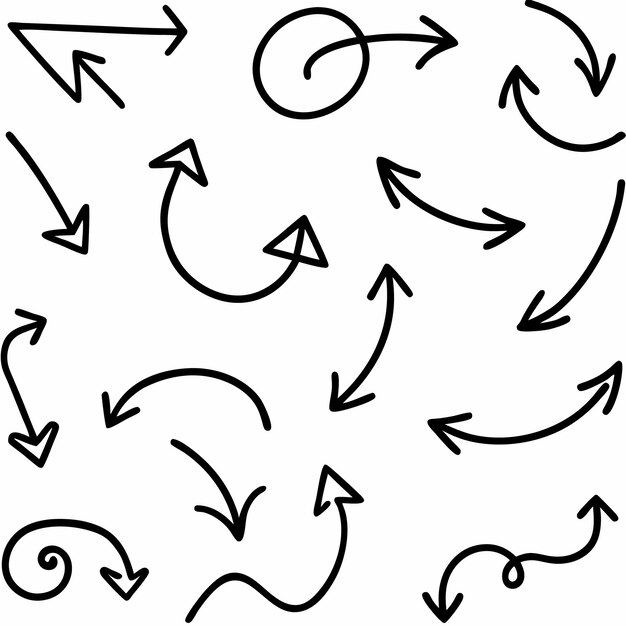 Conjunto de flechas negras dibujadas a mano Varias formas y tamaños de flechas dibujados a mano que apuntan en diferentes direcciones Ideales para crear diagramas de flujo, presentaciones y otro contenido visual