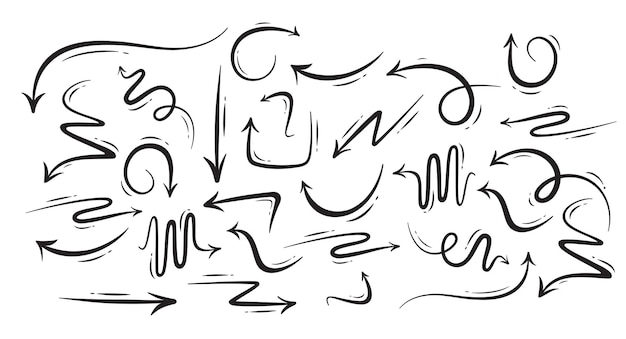 Conjunto de flechas negras simples con iconos vectoriales dibujados a mano con diseño curvo y plano