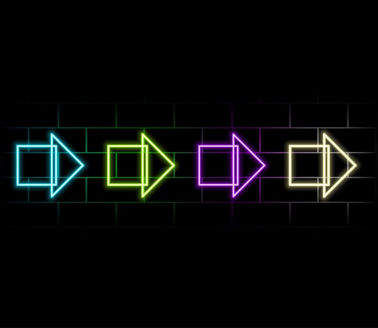 Vector conjunto de flechas de neón luminoso cartel de colores flechas iconos