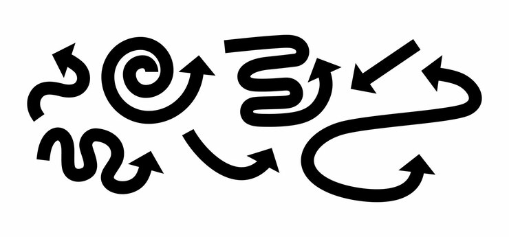 Vector conjunto de flechas onduladas curvas negras aisladas en fondo blanco signos vectoriales