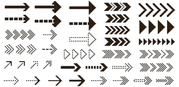 Conjunto de flechas pixeladas Pixeles abstractos tiras de línea punteada flechas gráficas cuadrados y puntos en fondo transparente Elementos de diseño vectorial diferentes formas