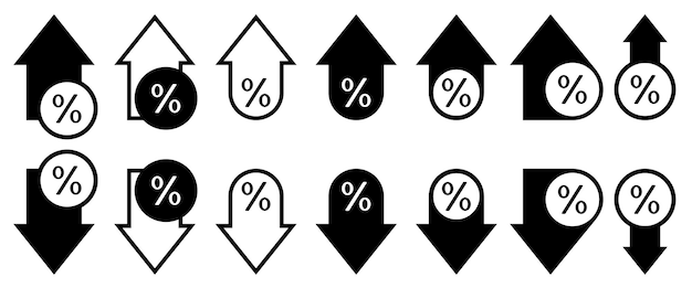 Conjunto de flechas de porcentaje en blanco y negro Aumento y disminución Ícono de porcentaje progreso de la ganancia del negocio