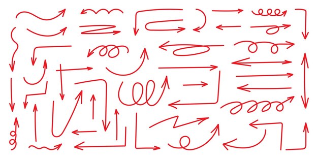 Conjunto de flechas rojas onduladas Elementos de tiza en estilo plano Movimiento de Doodle flechas en espiral líneas garabateadas