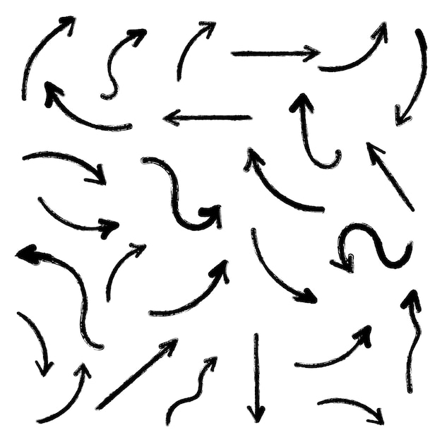 Conjunto de flechas de textura de carbón dibujadas a mano Ilustración negra vector aislado